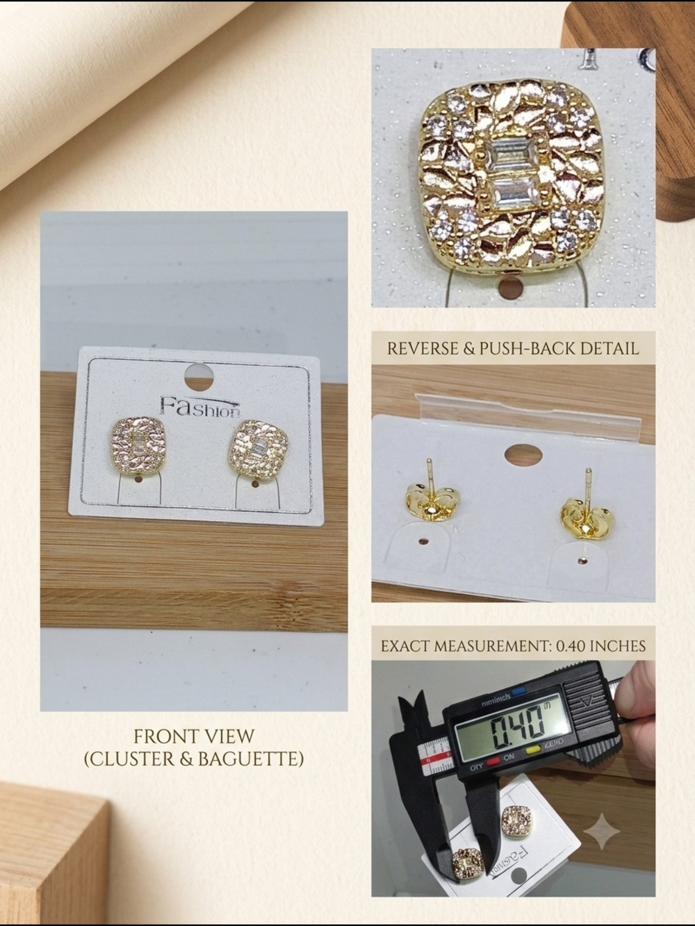 Gold Textured Cushion Cluster Stud Earrings Baguette Crystal Accent 0.4"
